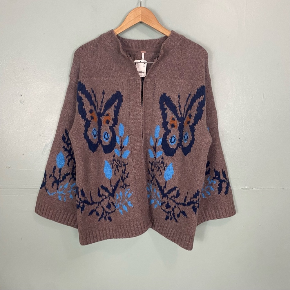 Free‎ People Greet Knit Pant Set Cardigan Butterfly Sweater XS Brown Blue - Picture 2 of 9
